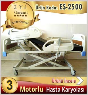 Üç motorlu Abs başlıklı ve Abs yan korkuluklu hasta yatağı